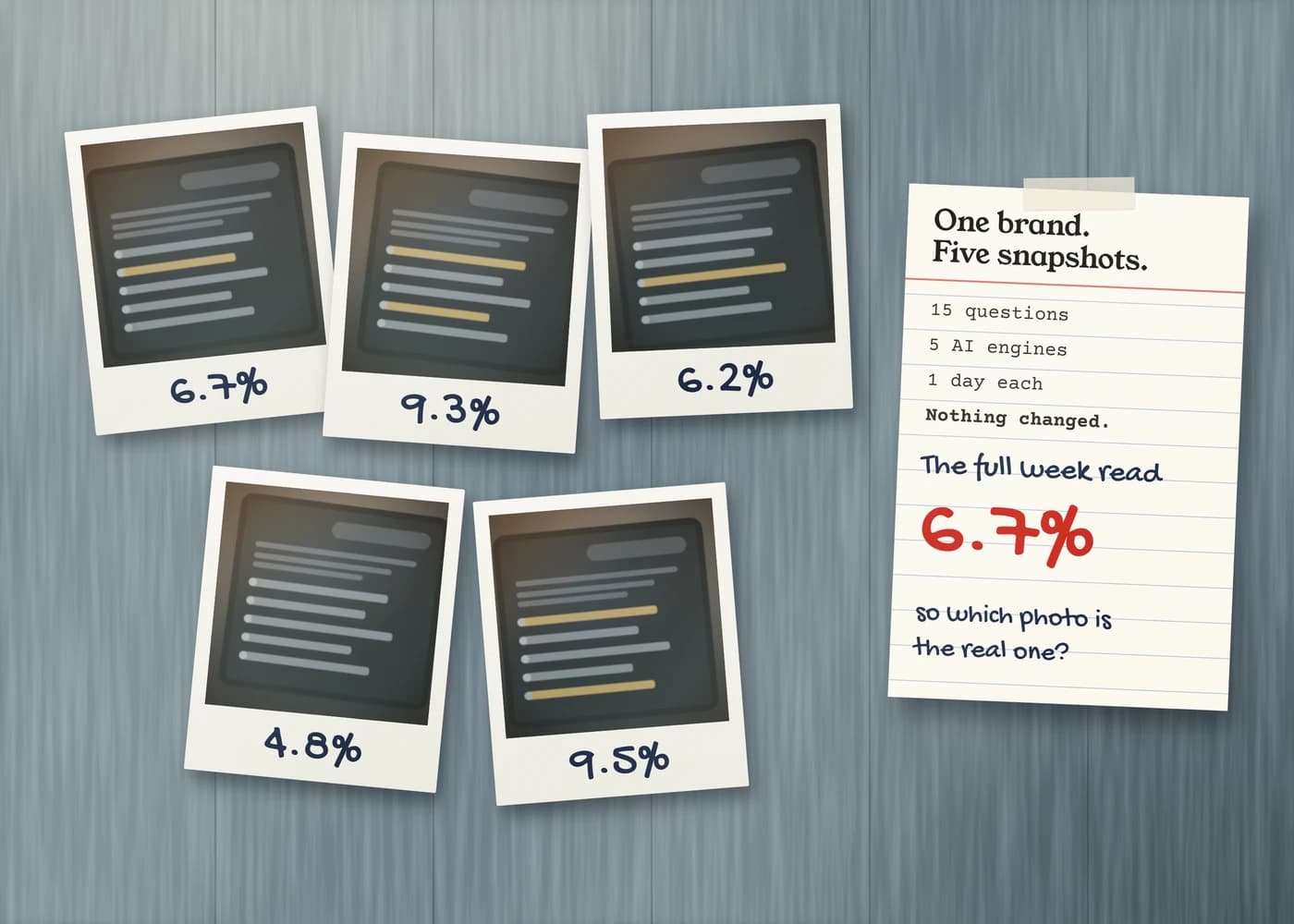 Five instant photos of the same AI answer on a laptop screen, scattered on a painted blue-grey table, captioned by hand 6.7%, 9.3%, 6.2%, 4.8% and 9.5%. A lined index card beside them reads One brand. Five snapshots. 15 questions, 5 AI engines, 1 day each, nothing changed, and in red, the full week read 6.7%, so which photo is the real one?