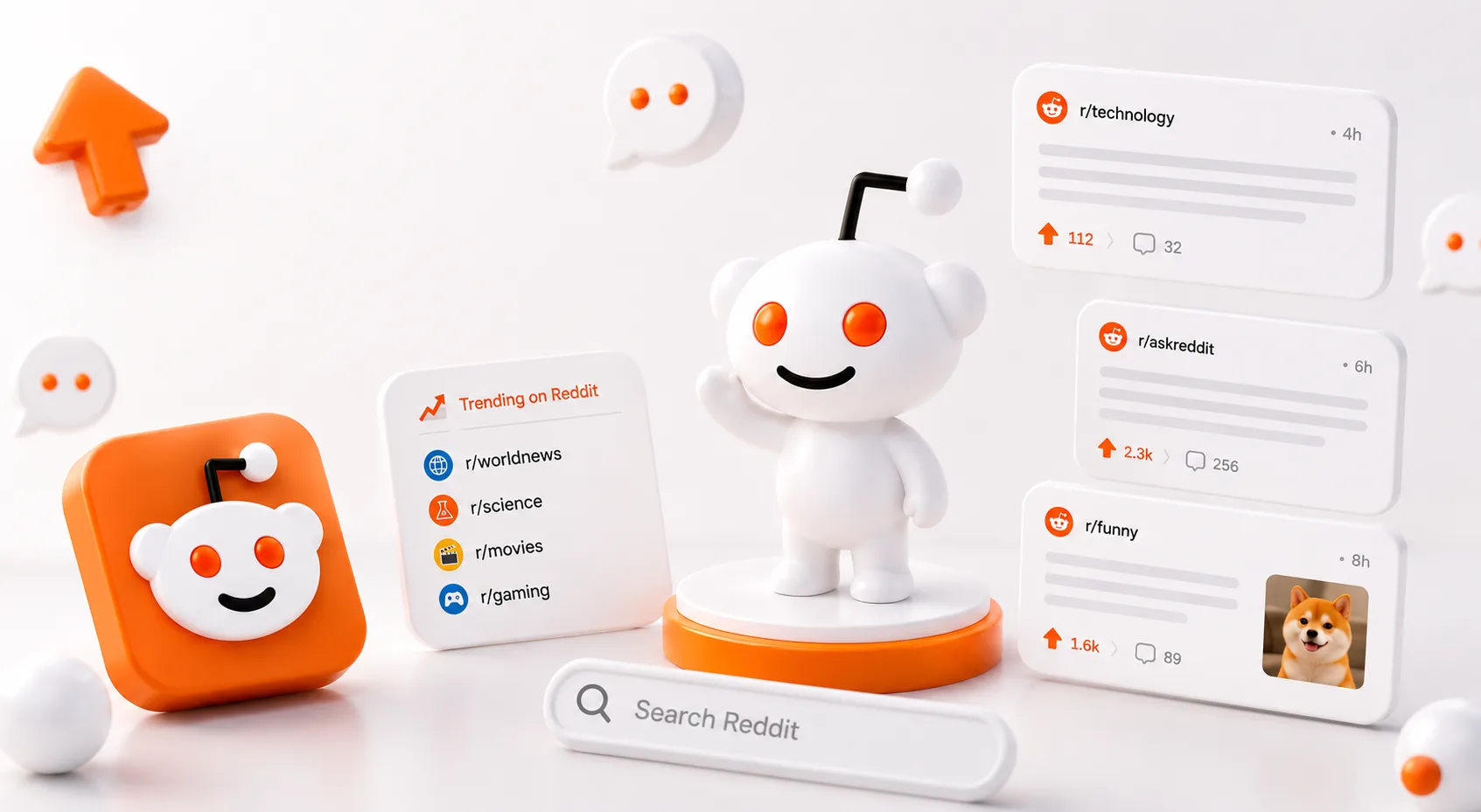 Reddit's mascot beside a trending subreddit list and three posts from r/technology, r/askreddit and r/funny, each showing its upvote and comment counts